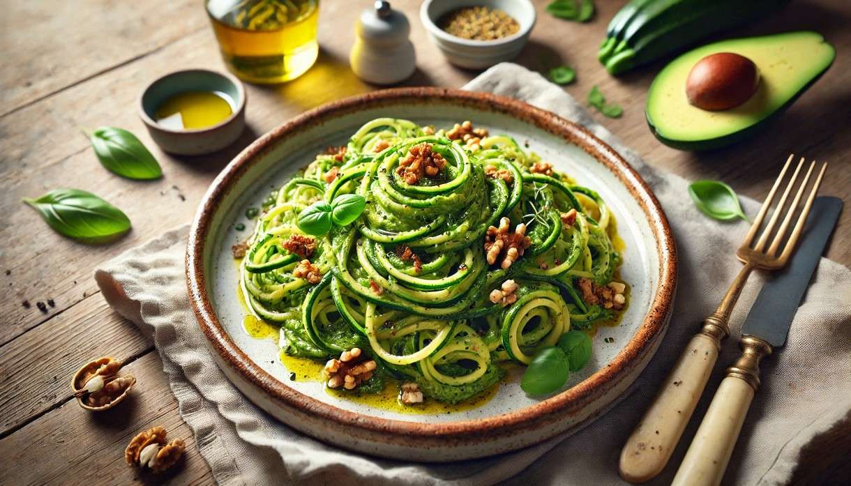 Scheinfasten – Mittagessen: Französische Zucchini-Spaghetti mit Avocado-Pesto