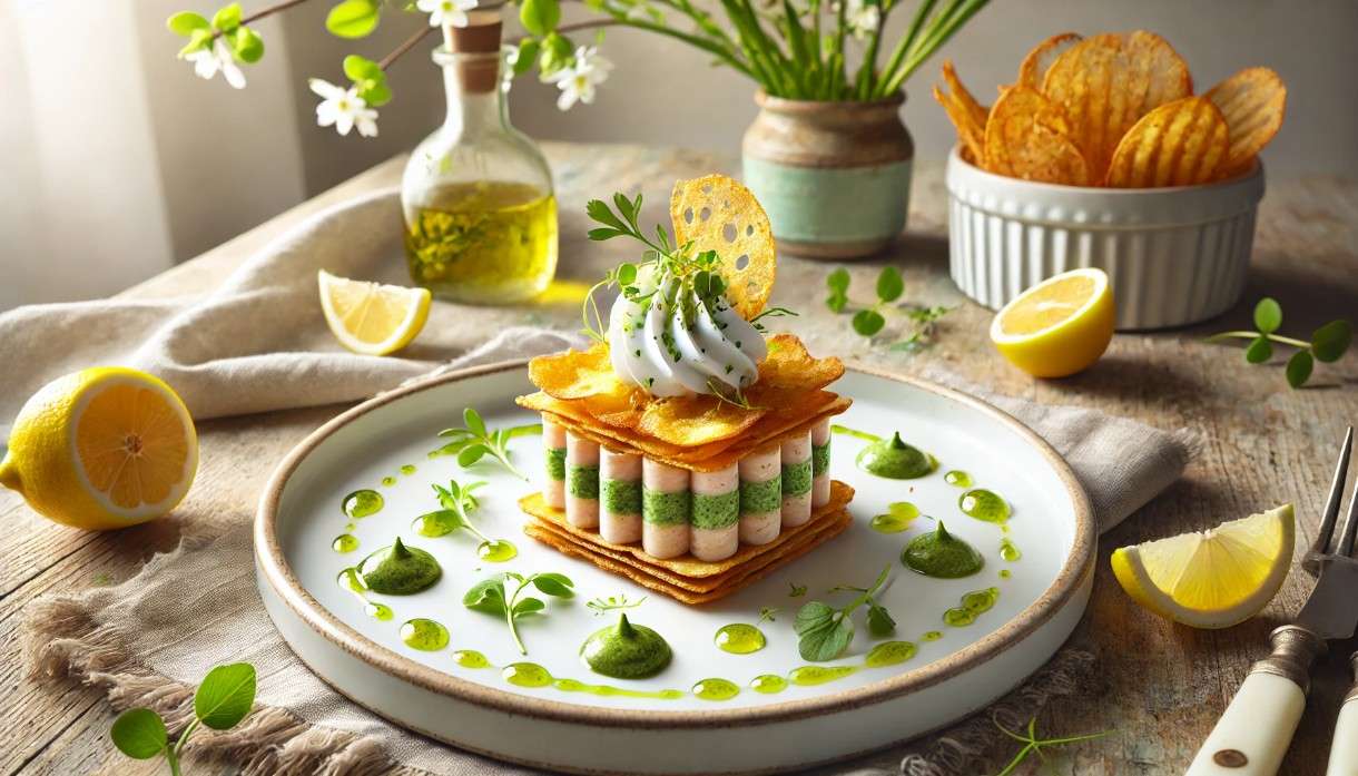 Brandade de Morue im Mille-Feuille-Stil mit Zitronen-Petersilienöl