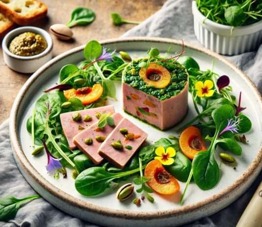 Confit de Canard-Terrine mit Aprikosen & Pistazien auf jungem Salat Confit-de-Canard-Terrine