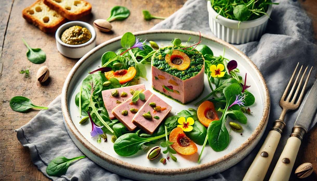 Confit de Canard-Terrine mit Aprikosen & Pistazien auf jungem Salat