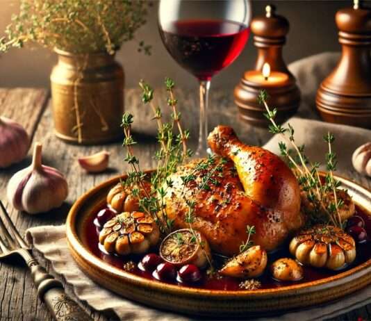 Sinnliche Liaison zweier kulinarischer Klassiker: „Coq au Vin x Pollo al Ajillo“ in einer modernen Interpretation. Coq-au-Vin-Pollo-al-Ajillo