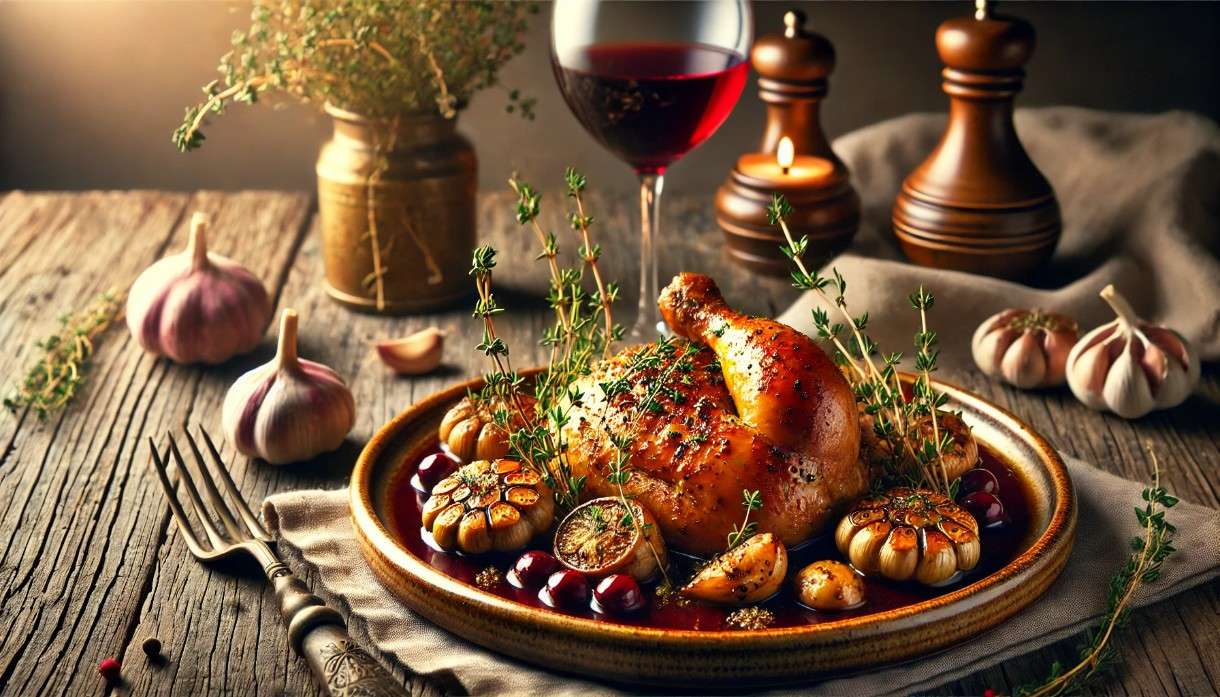 Sinnliche Liaison zweier kulinarischer Klassiker: „Coq au Vin x Pollo al Ajillo“ in einer modernen Interpretation.