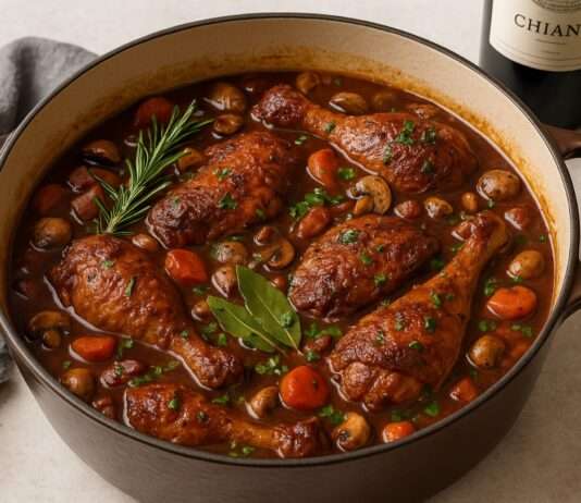 Wenn Italien Frankreich trifft: Coq au Vin mit Chianti und frischen Kräutern Coq-au-Vin-mit-Chianti