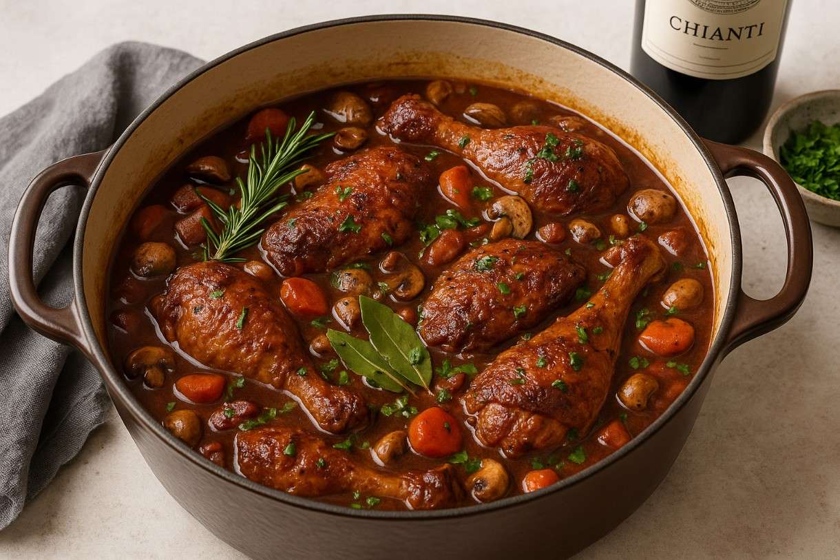 Wenn Italien Frankreich trifft: Coq au Vin mit Chianti und frischen Kräutern