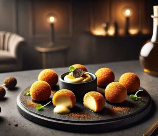 Oh là là trifft auf ¡Olé! Modern interpretiert: Croquetas de Camembert mit Trüffel-Aioli Croquetas-de-Camembert