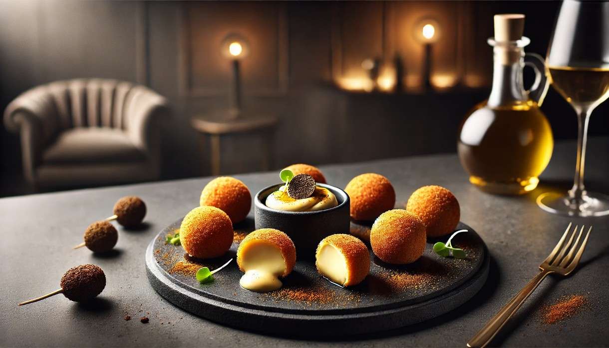 Oh là là trifft auf ¡Olé! Modern interpretiert: Croquetas de Camembert mit Trüffel-Aioli
