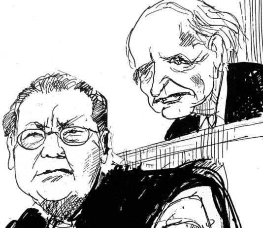 1987: Der Prozess gegen Klaus Barbie – Frankreichs spätes Gewissen Jacques_Vergès_et_Klaus_Barbie_lors_de_son_procès._Lyon_1987_(dessin_de_Calvi)