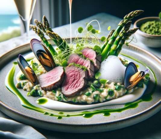 Moderne Küche des Mont-Saint-Michel: Lammfilet auf Salicornes-Risotto mit Muschelschaum Lammfilet_Salicorn-Risotto