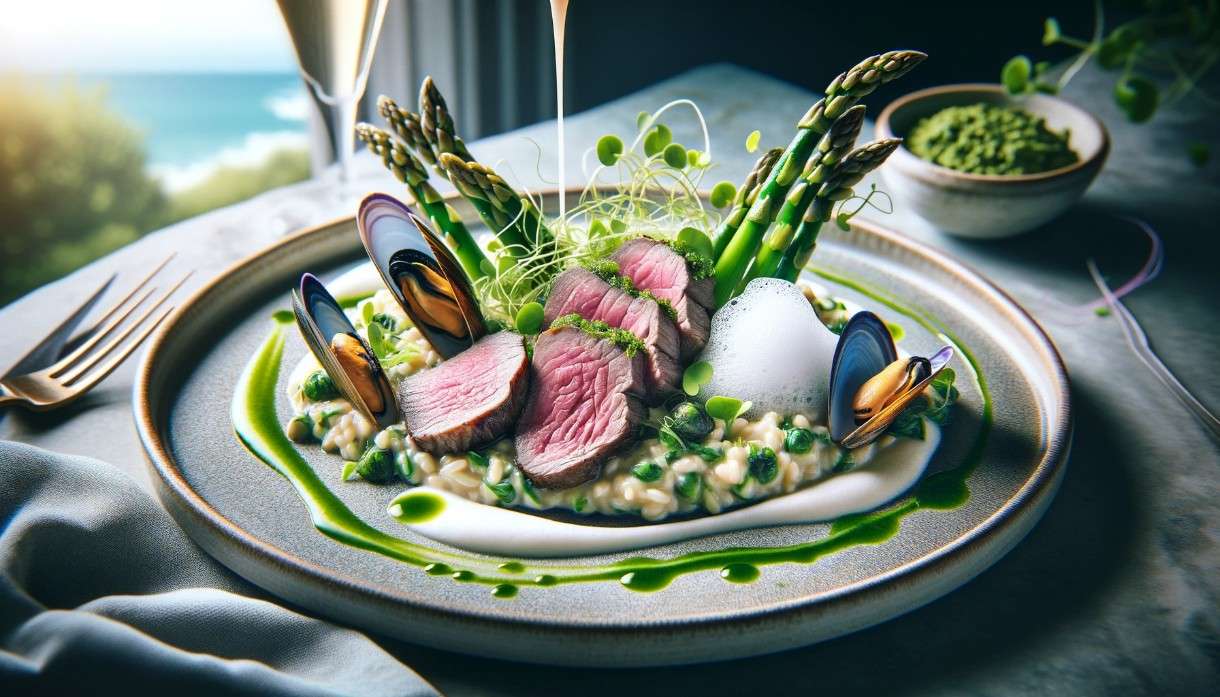 Moderne Küche des Mont-Saint-Michel: Lammfilet auf Salicornes-Risotto mit Muschelschaum