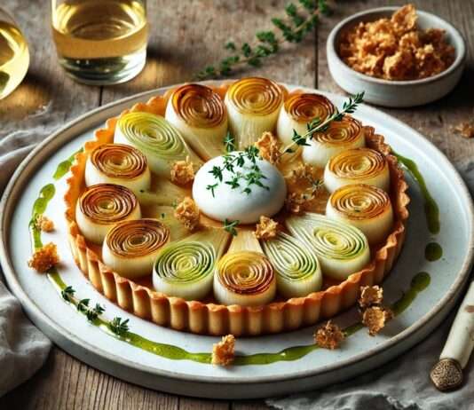 Lauch-Tarte Tatin mit Ziegenkäse-Mousse & Haselnusskrokant Lauch-Tarte-Tatin