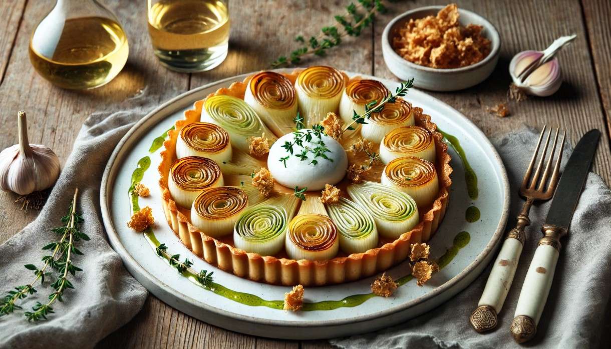 Lauch-Tarte Tatin mit Ziegenkäse-Mousse & Haselnusskrokant