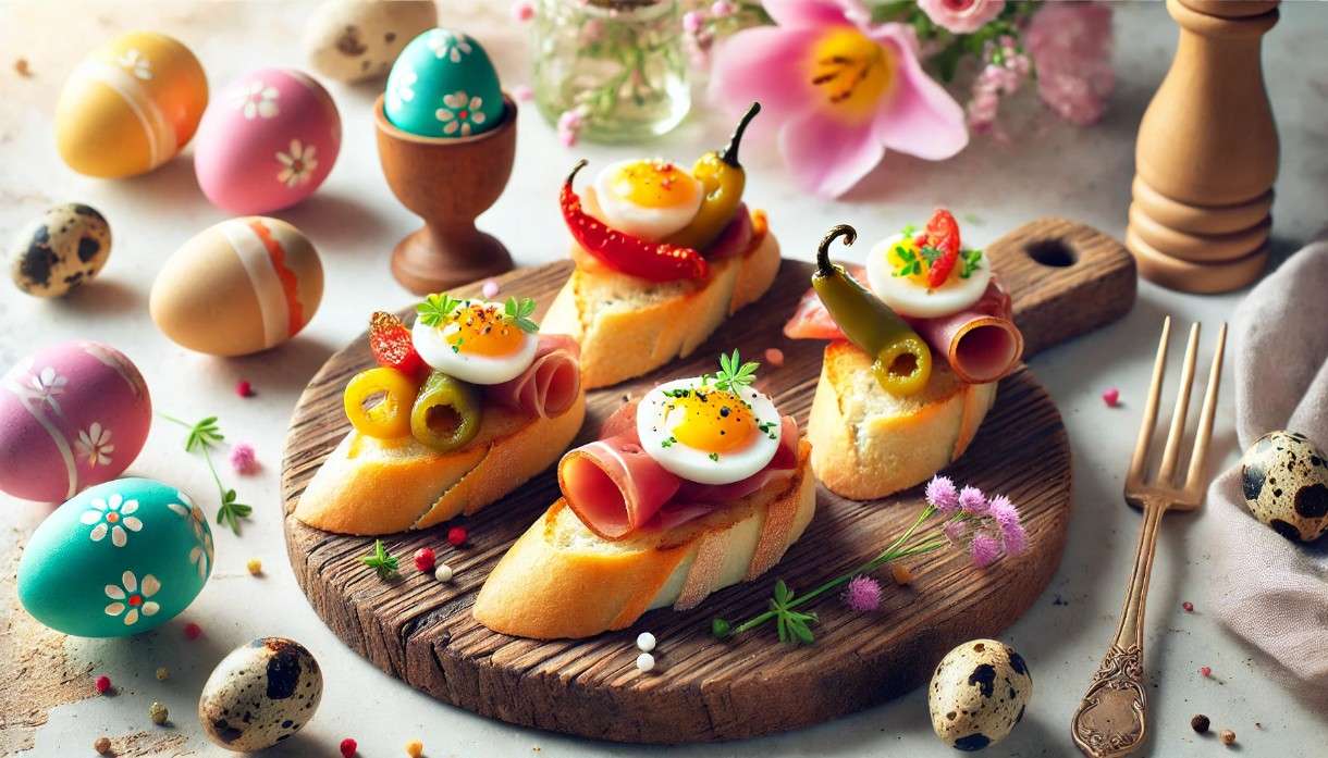 Oster-Pintxos mit Bayonne-Schinken, Wachtelei & Piquillos