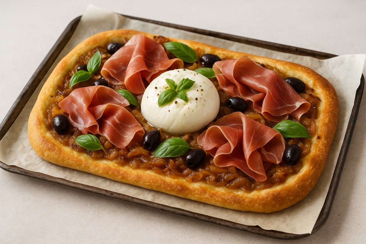 Wenn Italien Frankreich trifft: Pissaladière mit Prosciutto und Burrata