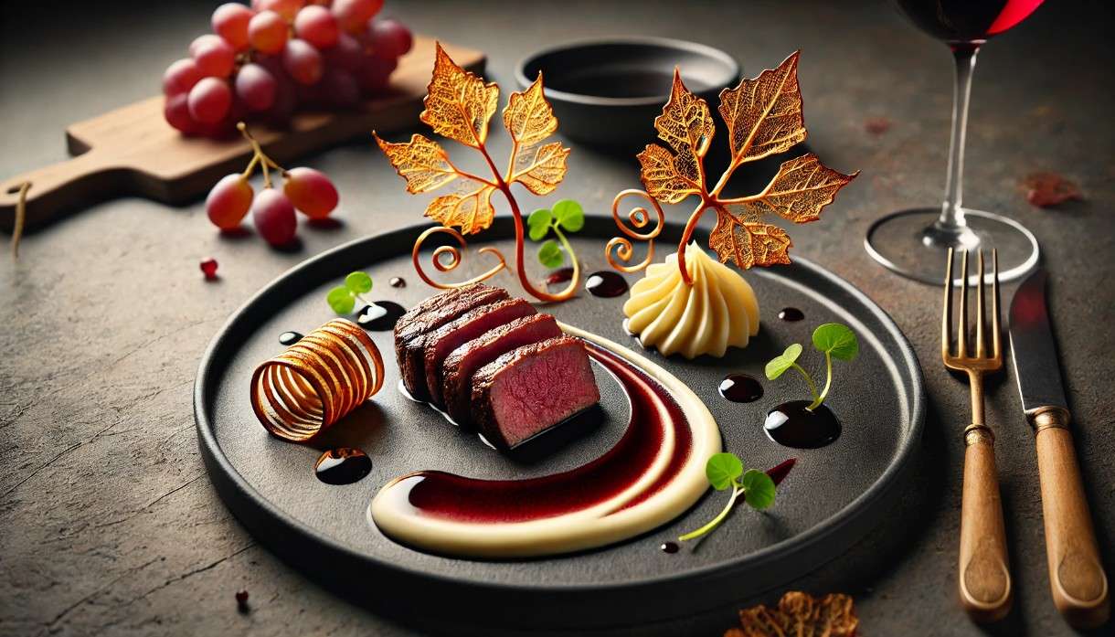 Rinderfilet mit Rotweinjus, Selleriecreme & „Weinreben“-Chips