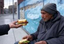 Wegen Menschlichkeit gefeuert? Skandal um entlassene Flughafen-Mitarbeiter sorgt für Empörung Sandwich_Obdachloser_Solidarität_Illustration