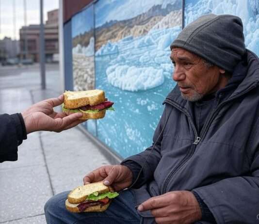 Wegen Menschlichkeit gefeuert? Skandal um entlassene Flughafen-Mitarbeiter sorgt für Empörung Sandwich_Obdachloser_Solidarität_Illustration