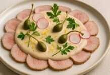 Wenn Italien Frankreich trifft: Vitello Tonnato mit Kapernblüten und Dijon-Senf-Crème Vitello-Tonnato-mit-Kapernblüten-und-Dijon-Senf-Crème