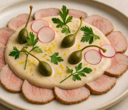 Wenn Italien Frankreich trifft: Vitello Tonnato mit Kapernblüten und Dijon-Senf-Crème Vitello-Tonnato-mit-Kapernblüten-und-Dijon-Senf-Crème
