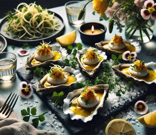 Huîtres chaudes façon Pâques – Warme Austern mit Pastis-Sabayon und Wildkräutersalat Warme-Austern