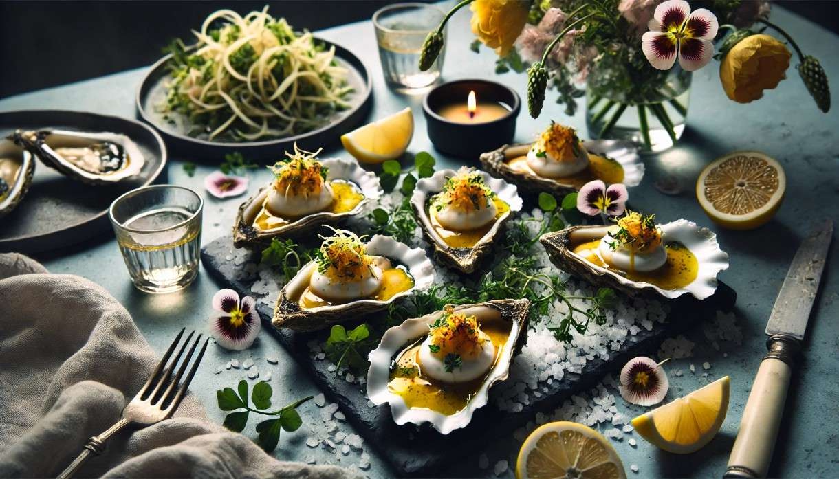 Huîtres chaudes façon Pâques – Warme Austern mit Pastis-Sabayon und Wildkräutersalat