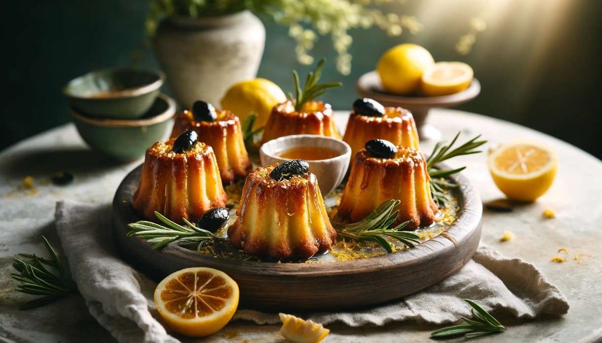 Zitronen-Canelés mit Rosmarin-Honig & kandierten Oliven