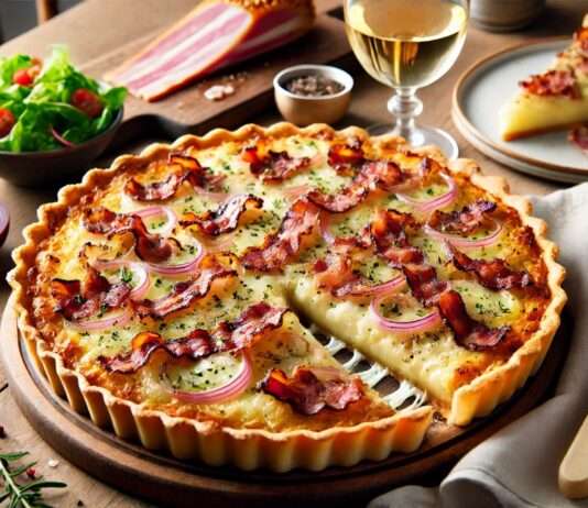 „Das Beste aus zwei Ländern“: Zwiebelkuchen-Tarte mit Gruyère und Speck Zwiebelkuchen-Tarte