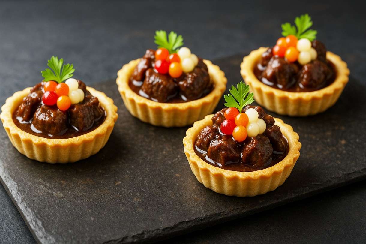 Sterne-Küche am eigenen Herd: Boeuf Bourguignon als Mini-Tartelette mit Wurzelgemüse-Kaviar