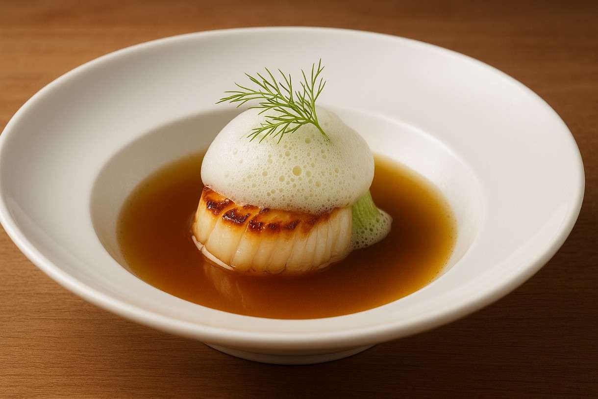 Bouillabaisse-Essenz mit Jakobsmuschel und Fenchel-Schaum