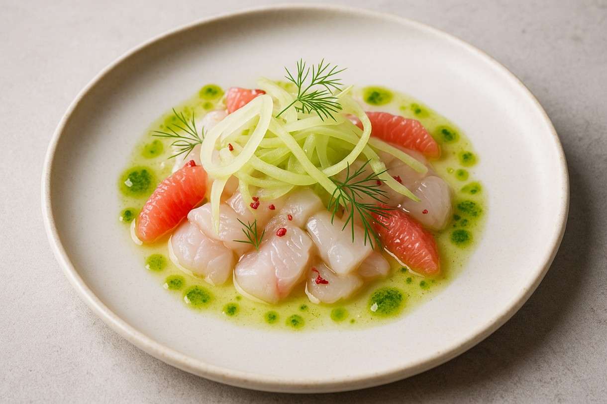 Ceviche de Bar mit Grapefruit, Fenchel & Estragonöl