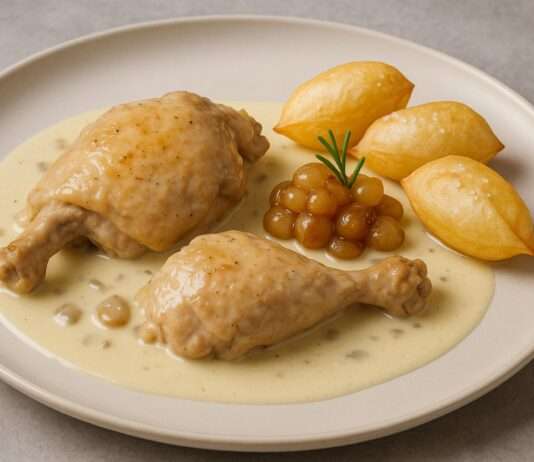 Coq au Riesling mit Perlzwiebel-Konfit & Trüffel-Pommes Soufflées Coq-au-Riesling-mit-Perlzwiebel-Konfit-Trüffel-Pommes-Soufflées