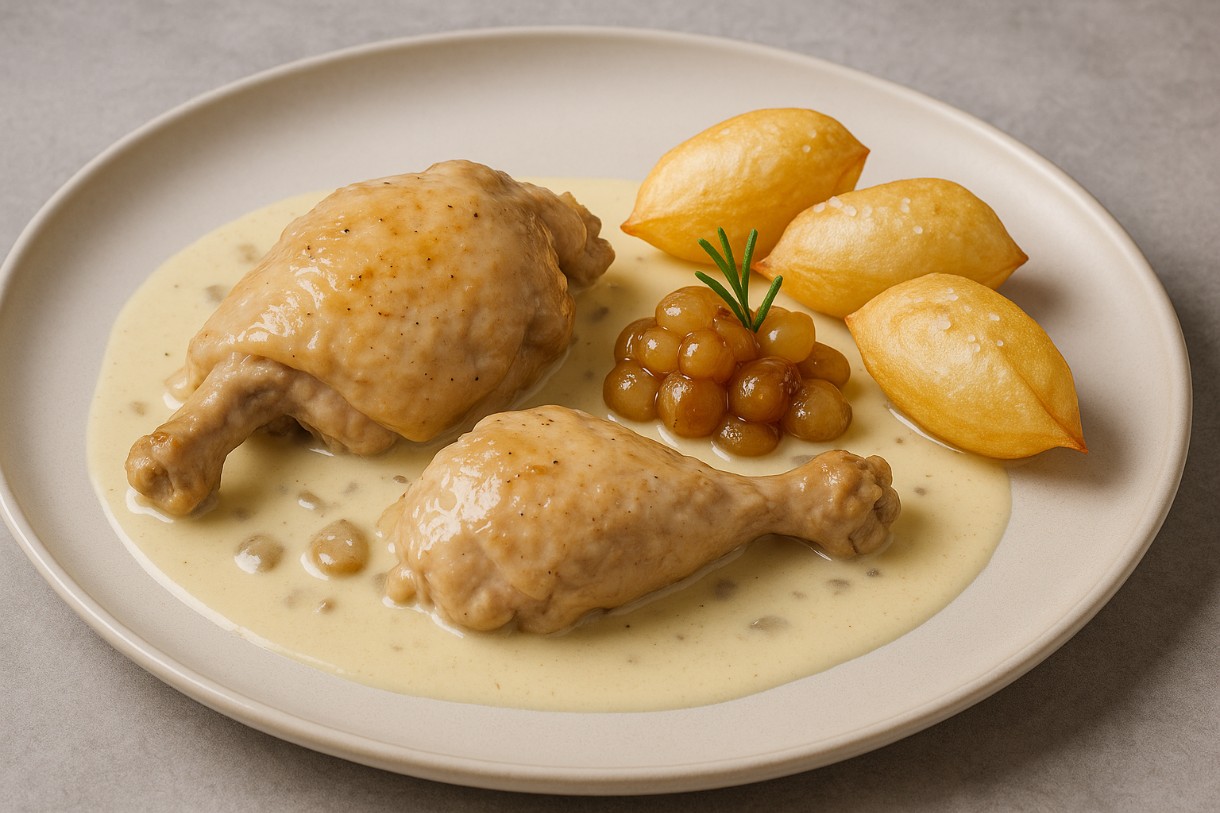 Coq au Riesling mit Perlzwiebel-Konfit & Trüffel-Pommes Soufflées