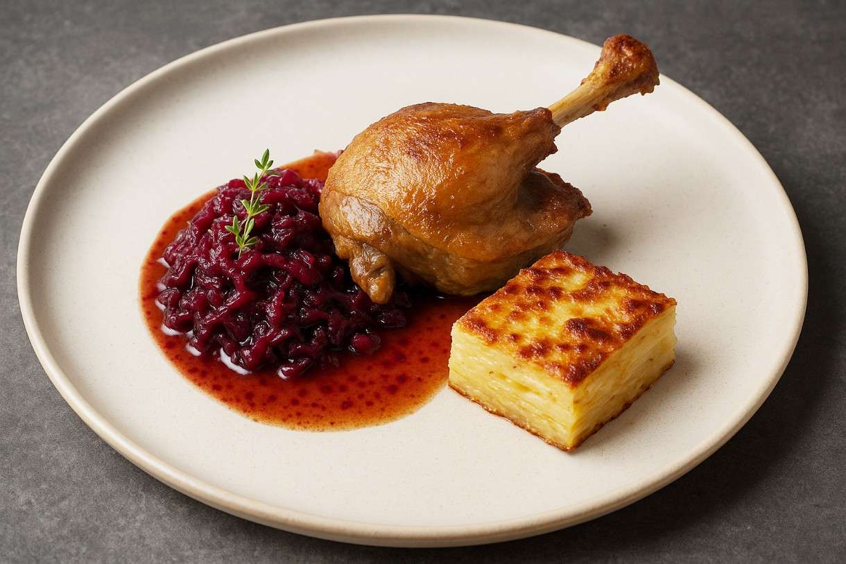 Entenconfit mit Apfel-Rotkohl-Chutney & Kartoffelgratin: Ein Gourmet-Erlebnis der deutsch-französischen Art