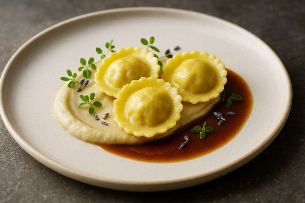 Entenravioli in Lavendeljus mit Pastinakenpüree