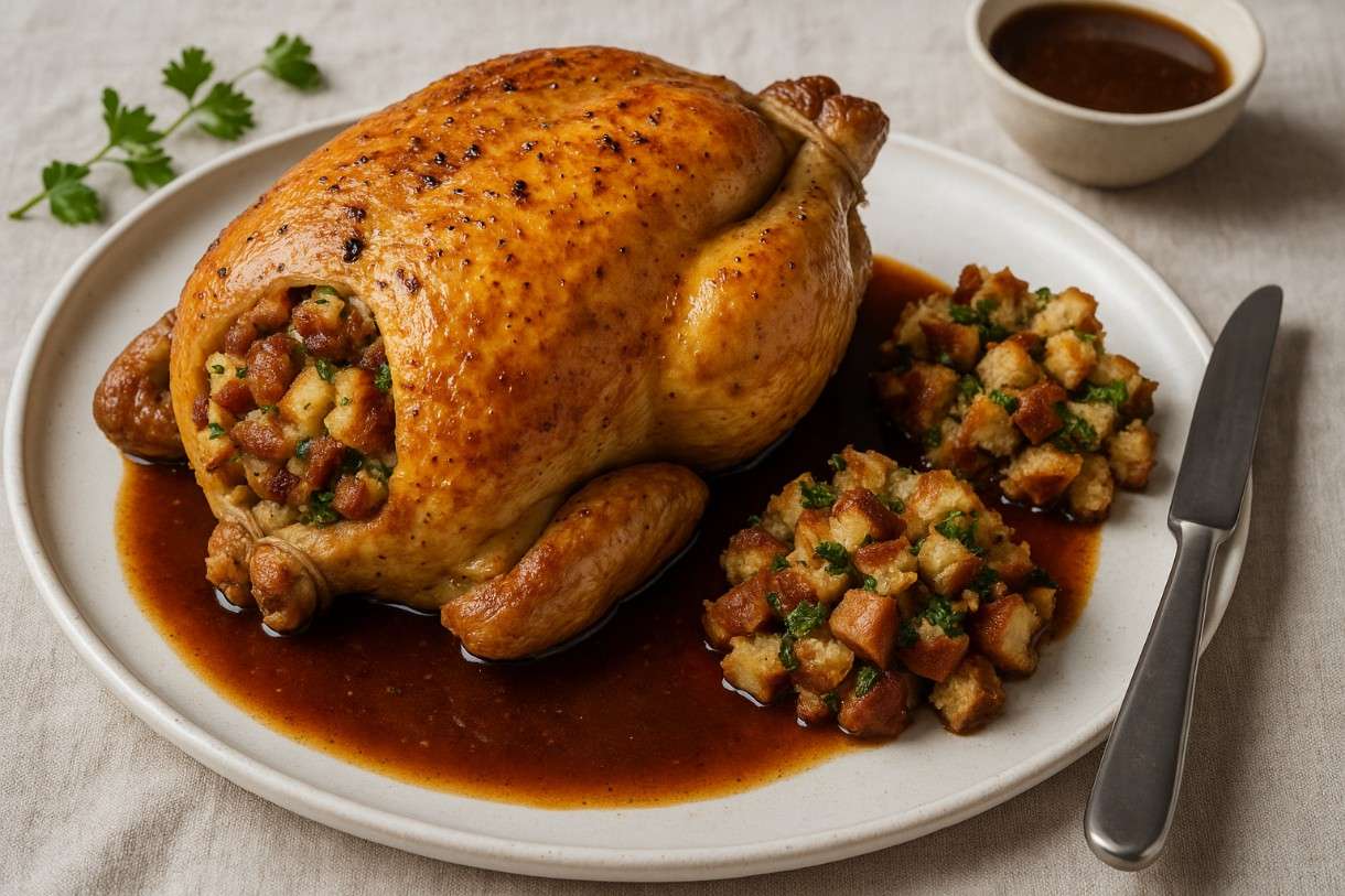 Gefülltes Bresse-Huhn mit Brezenknödel-Füllung