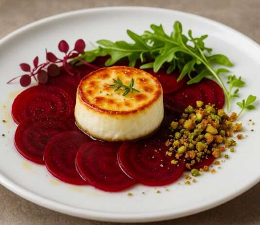 Gratinierter Ziegenkäse auf Rote-Bete-Carpaccio mit Pistazienkrokant Gratinierter-Ziegenkäse-Rote-Bete-Carpaccio-Pistazienkrokant