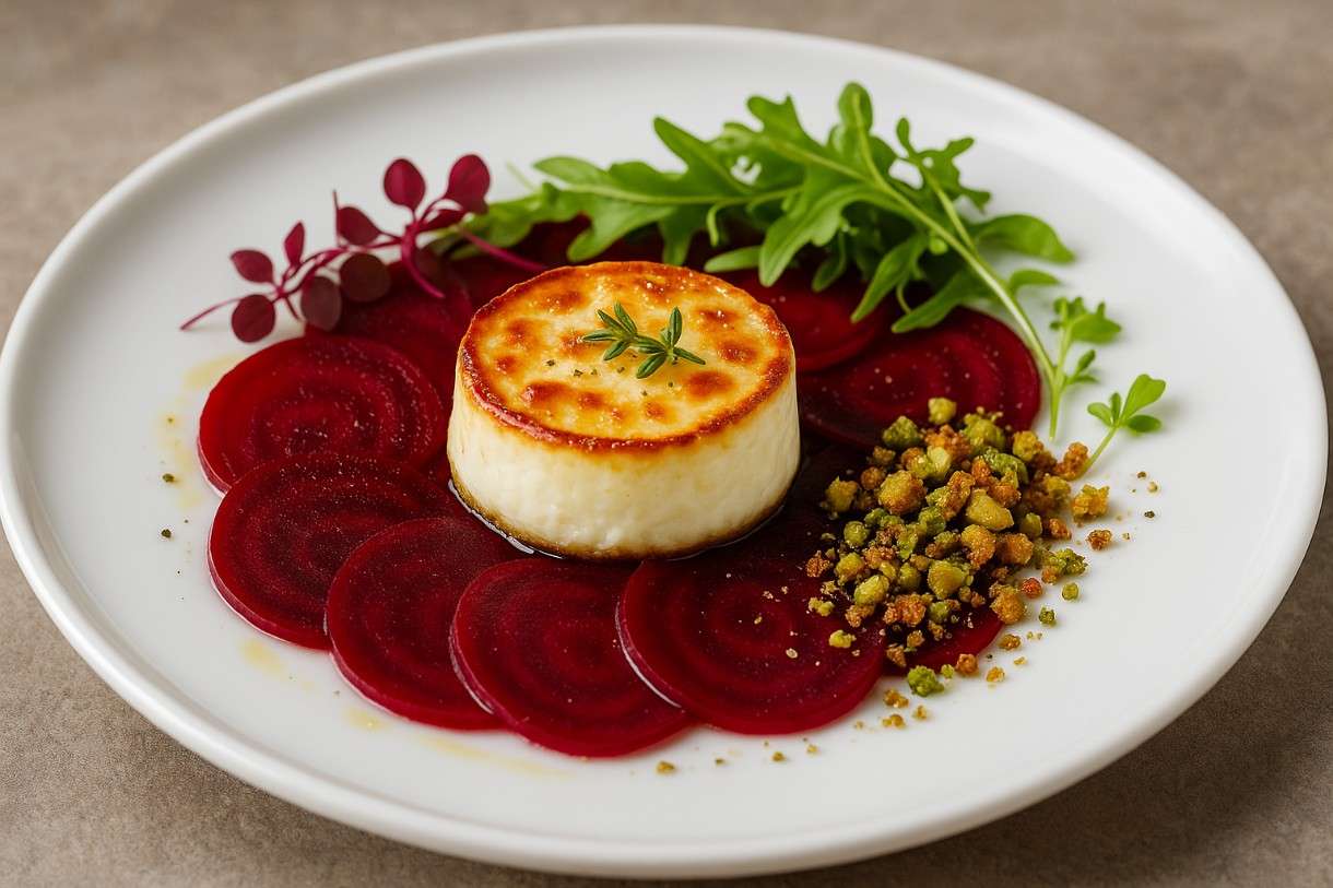 Gratinierter Ziegenkäse auf Rote-Bete-Carpaccio mit Pistazienkrokant