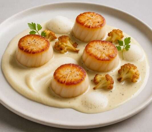 Jakobsmuscheln auf Blumenkohl-Texturen mit Vanille-Beurre Blanc Jakobsmuscheln-auf-Blumenkohl-Texturen-mit-Vanille-Beurre-Blanc