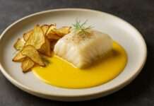 Kabeljau sous-vide mit Safran-Velouté und Fenchelchips Kabeljau-sous-vide-mit-Safran-Velouté-und-Fenchelchips