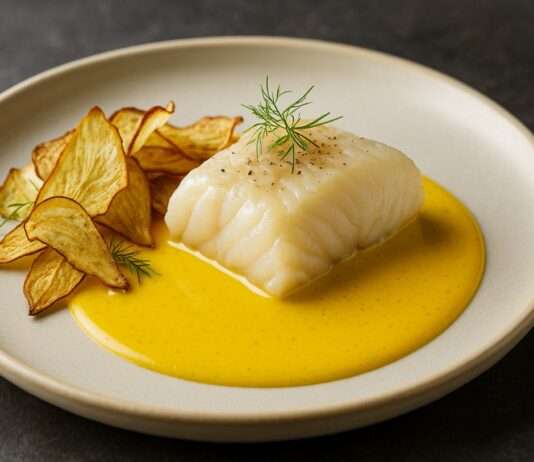 Kabeljau sous-vide mit Safran-Velouté und Fenchelchips Kabeljau-sous-vide-mit-Safran-Velouté-und-Fenchelchips