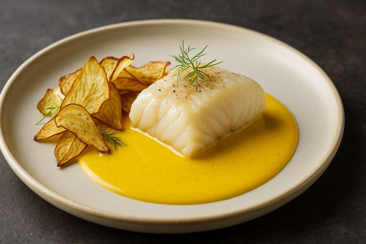 Kabeljau sous-vide mit Safran-Velouté und Fenchelchips