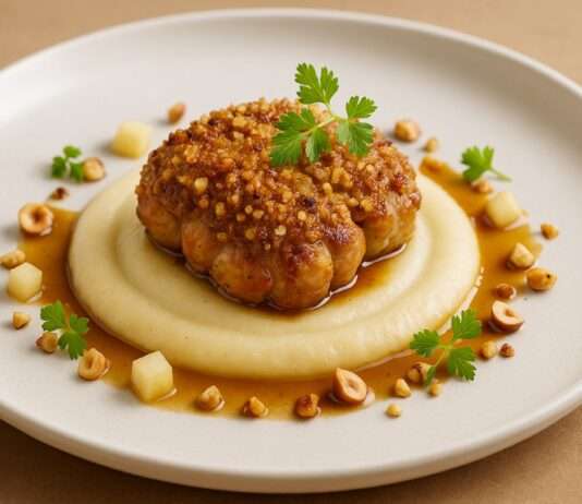 Kalbsbries in Haselnusskruste mit Selleriepüree und Apfelreduktion Kalbsbries-Haselnusskruste-Selleriepüree-Apfelreduktion