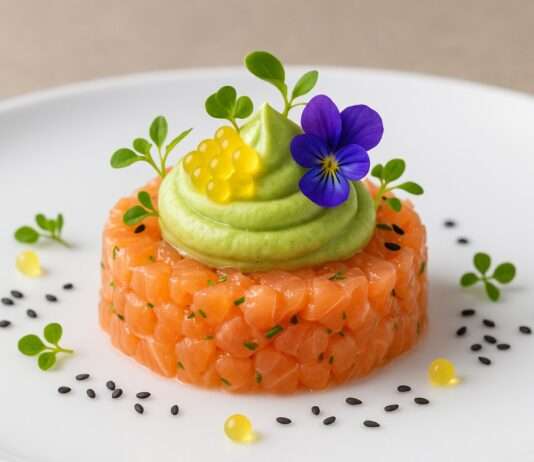 Lachs-Tatar mit Yuzu-Perlen und Avocado-Mousse Lachs-Tatar-mit-Yuzu-Perlen-und-Avocado-Mousse