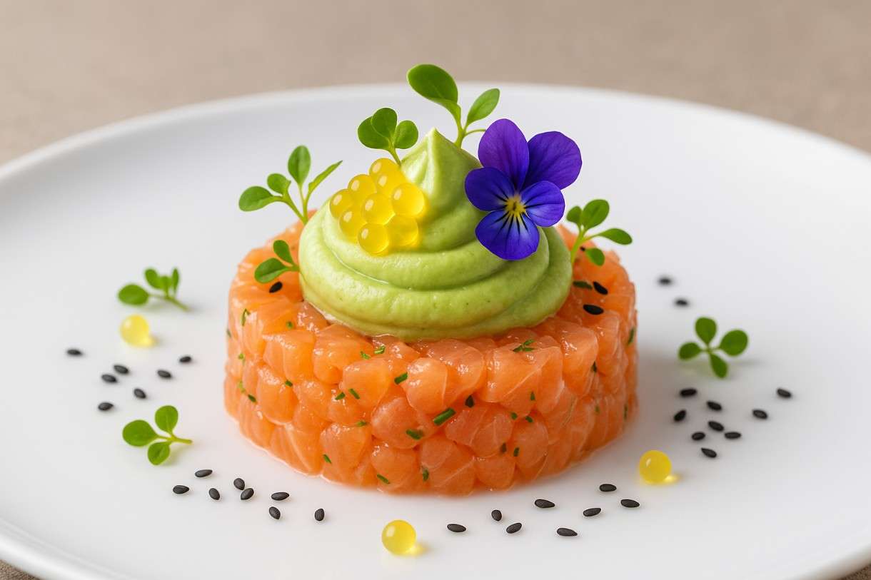 Lachs-Tatar mit Yuzu-Perlen und Avocado-Mousse