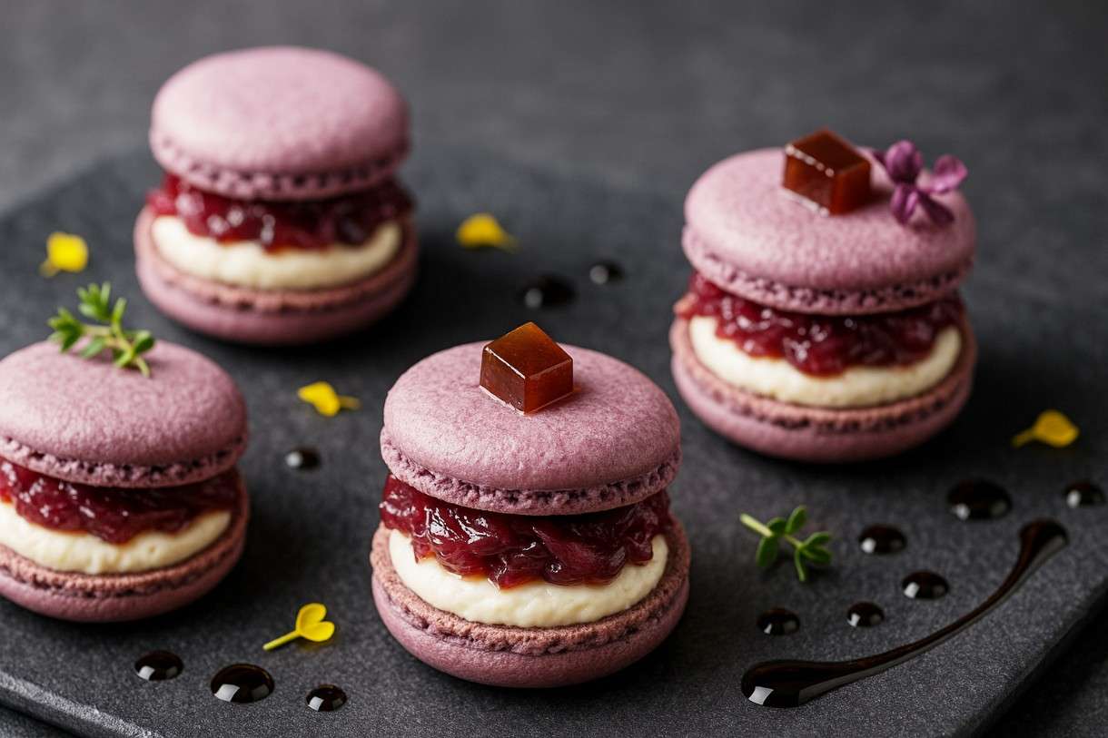 Makronen von der Ziegenbutter mit Rote Zwiebel-Confit & Feigengeleé
