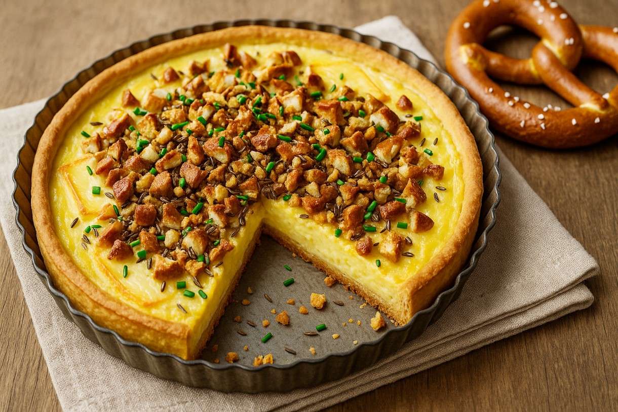 Münsterkäse-Tarte mit Kümmelbrezel-Crunch