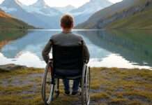 Letzte Reise: Warum immer mehr Franzosen im Ausland sterben wollen Person_Rollstuhl_See_Schweiz_Illustration