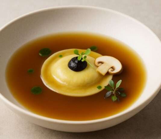 Sterne-Küche am eigenen Herd: Pilzconsommé mit Kräuter-Raviolo und schwarzem Knoblauch Pilzconsommé-mit-Kräuter-Raviolo-und-schwarzem-Knoblauch