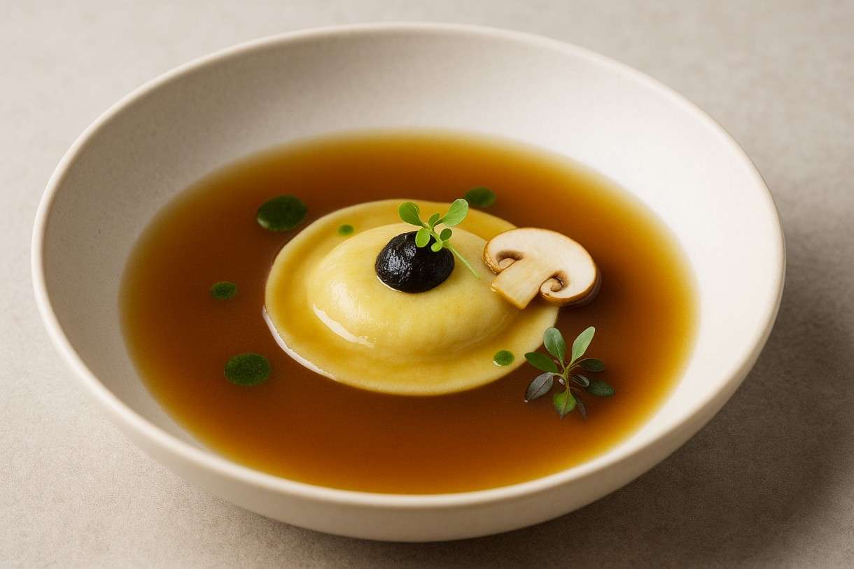 Sterne-Küche am eigenen Herd: Pilzconsommé mit Kräuter-Raviolo und schwarzem Knoblauch