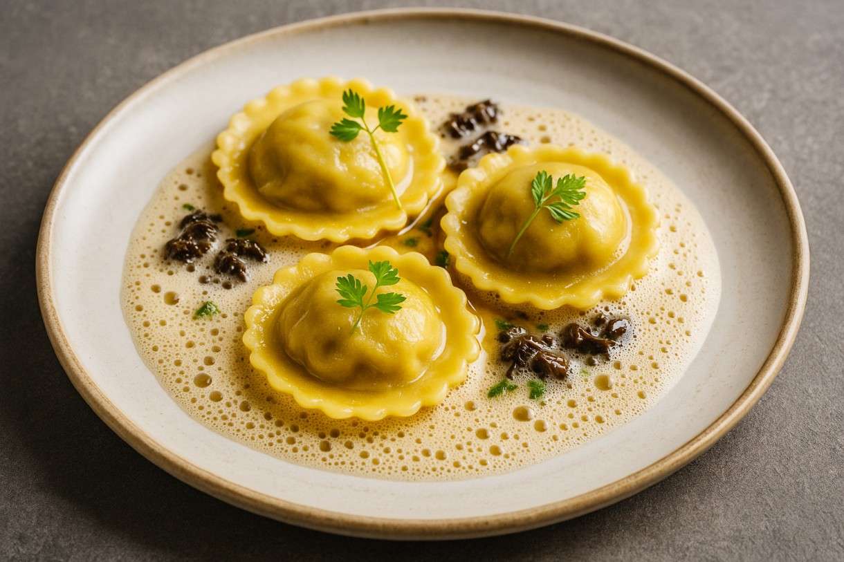 Ravioli vom Kalb mit Morchel-Duxelles und Madeira-Schaum
