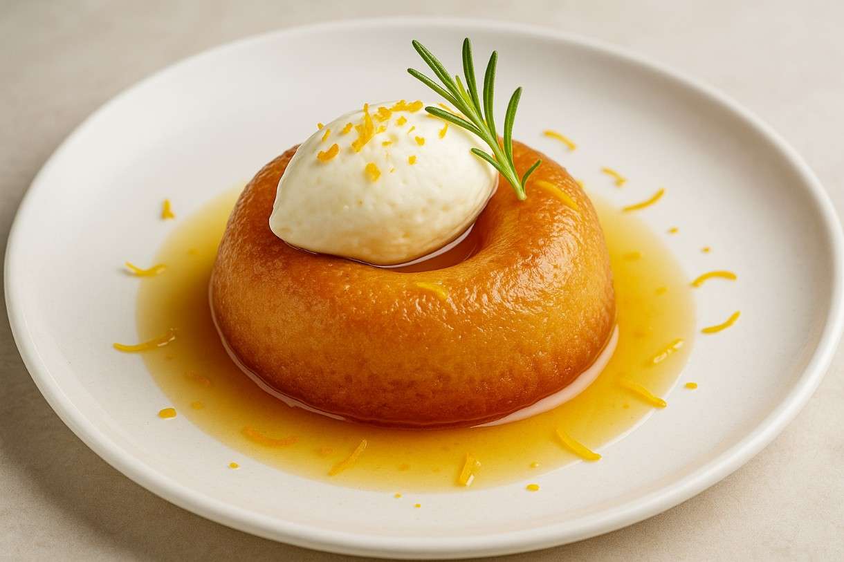 Savarin mit Rosmarin-Orangen-Sirup und Mascarpone-Luft